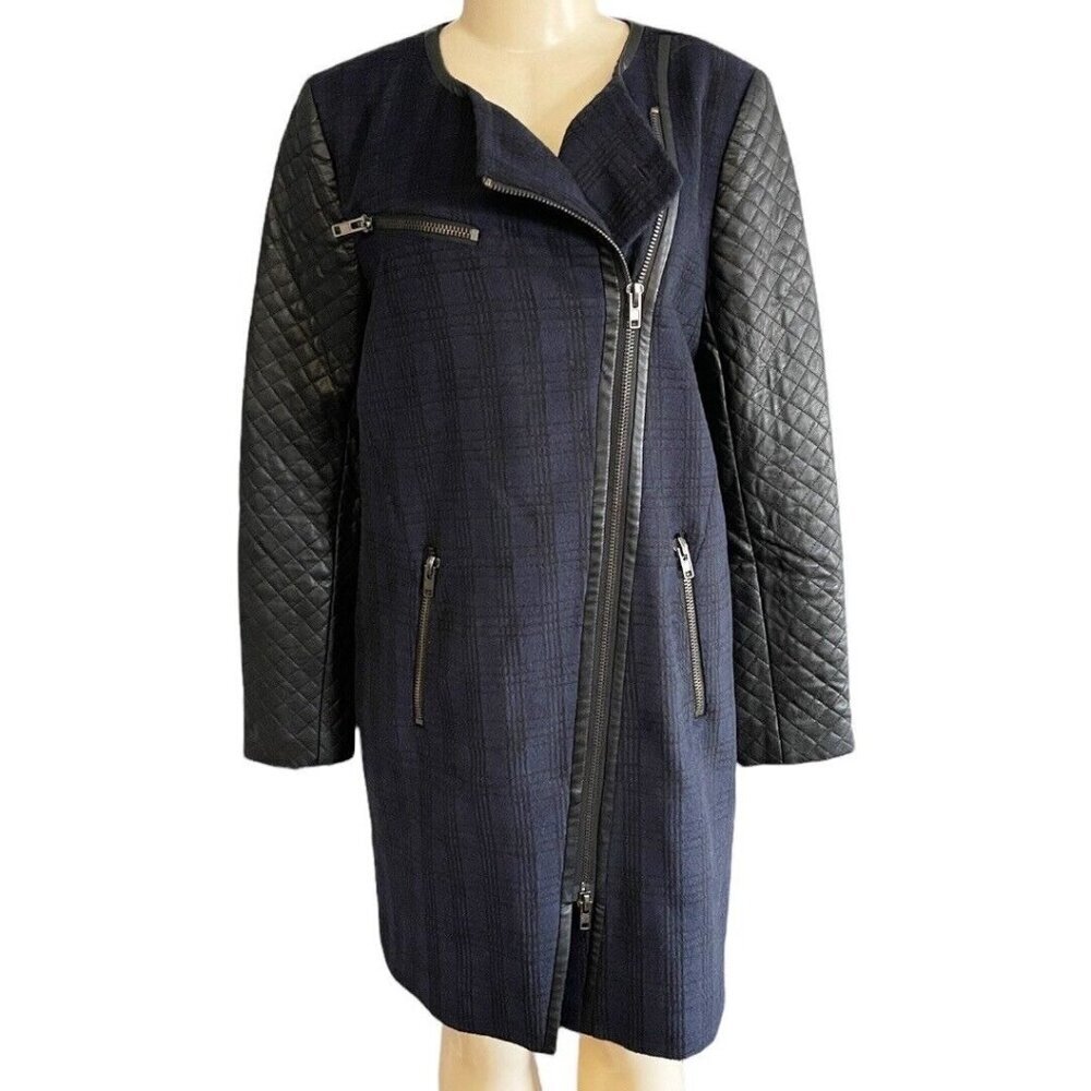 W118 Walter Baker Blue Tweed Check Coat Black‎ Faux Leather Quilted Moto Jacket